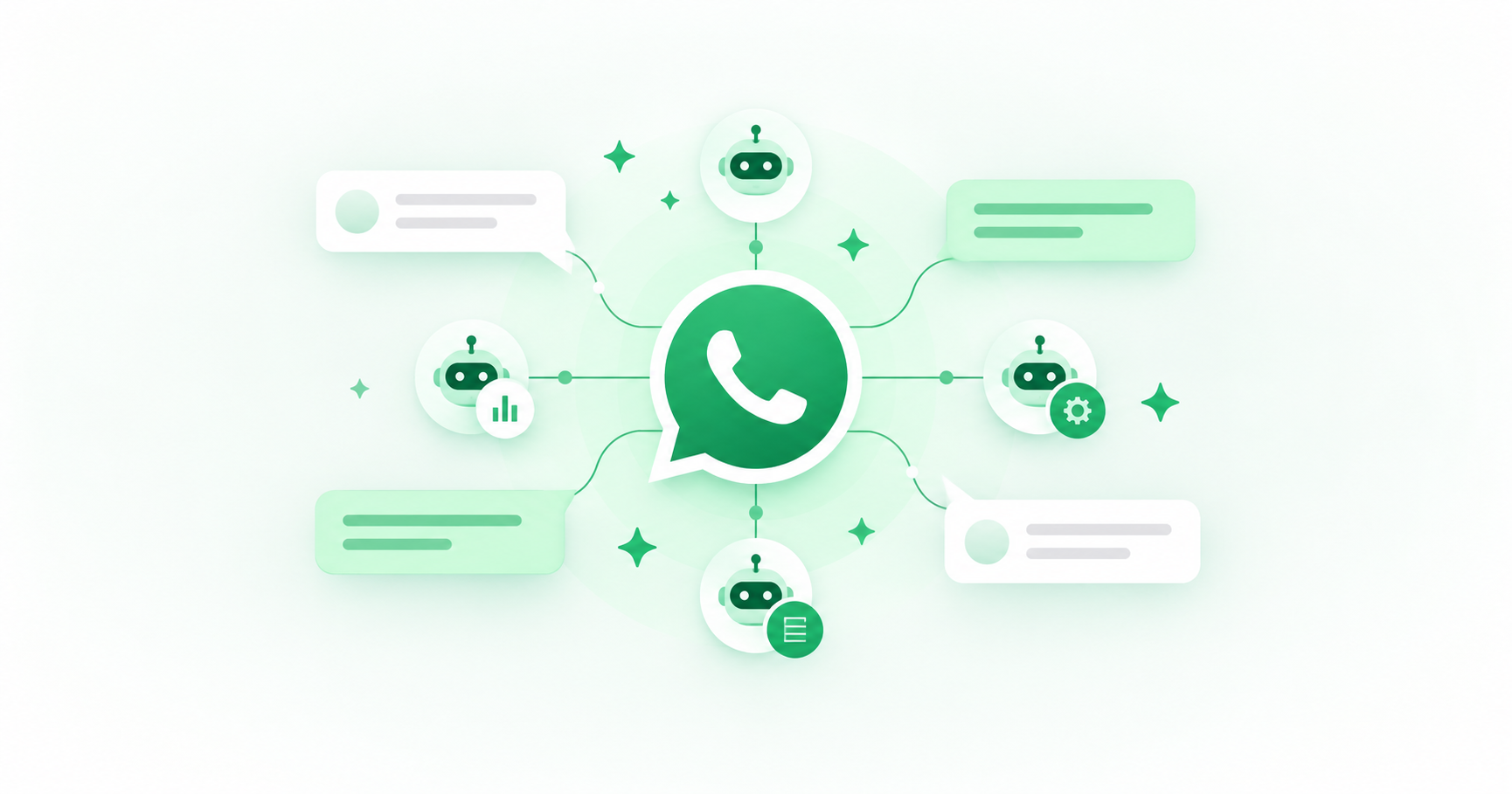 Illustration of WhatsApp chat bubbles connected to a network of AI agent icons