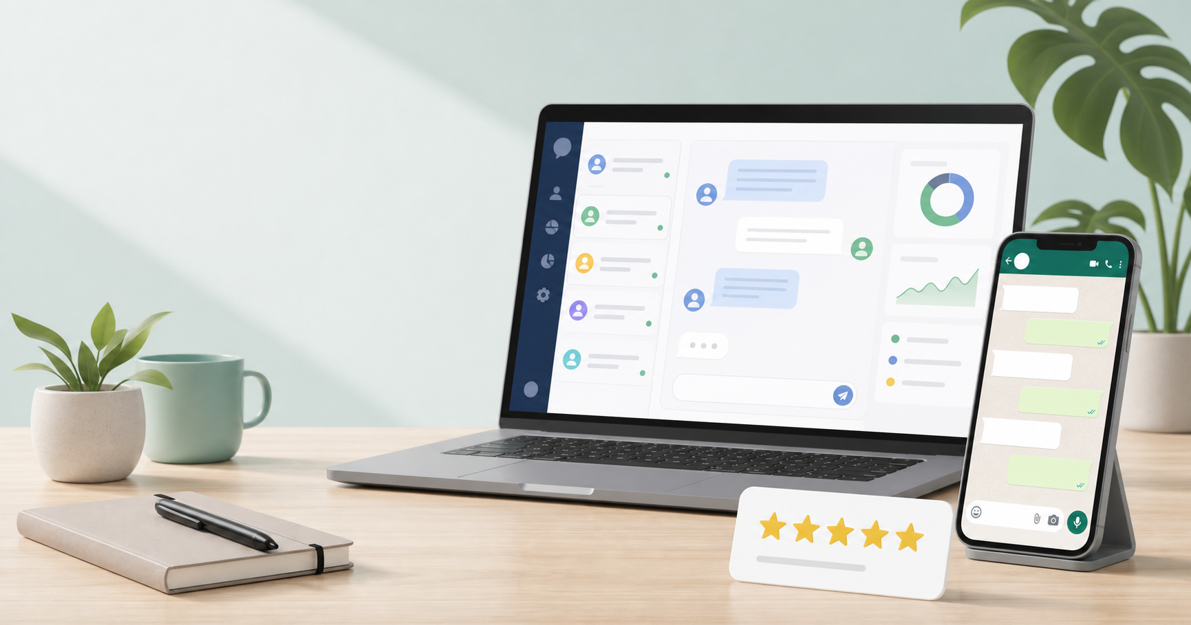 Bizwachat dashboard on a laptop beside a phone showing a WhatsApp conversation, with a star rating card