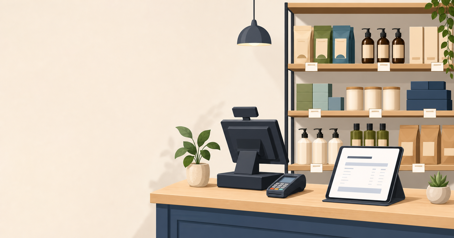 A shop counter with a POS terminal, a stock shelf with price tags and a tablet showing a quotation