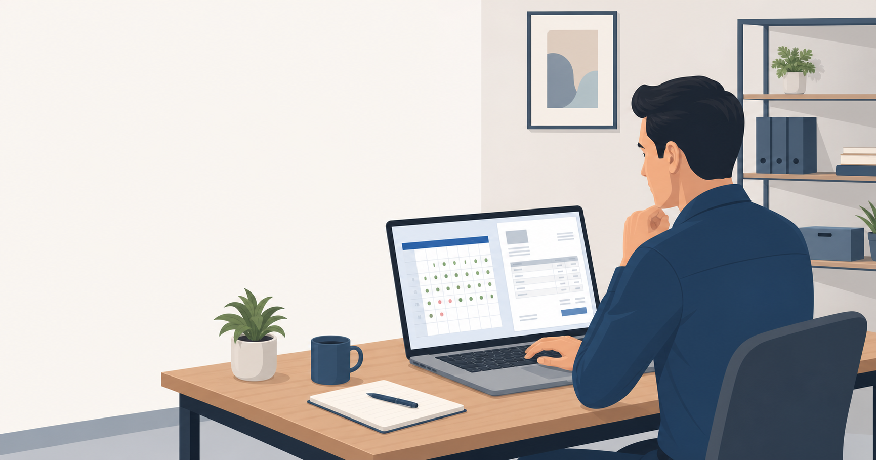A business owner reviewing a monthly attendance grid and an invoice on a laptop in a small office